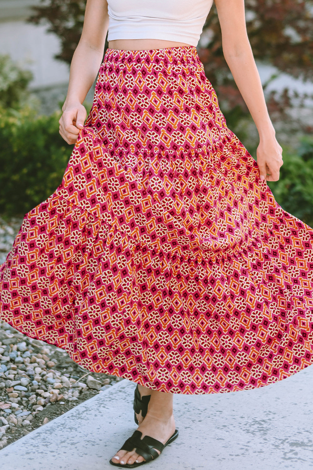 Vintage Boho Floral Print Tiered Maxi Skirt | Rose