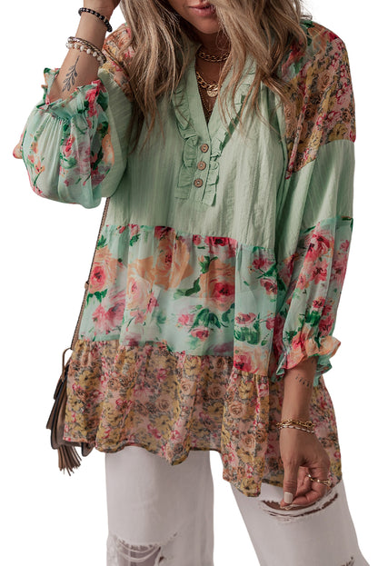 Floral Patchwork Frilled Split Neck Blouse | Green Printed