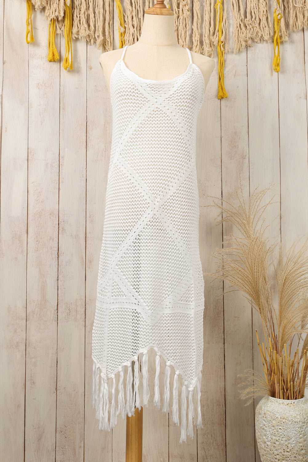 Crisscross Knot Back Hollow Out Tasseled Beach Dress | White