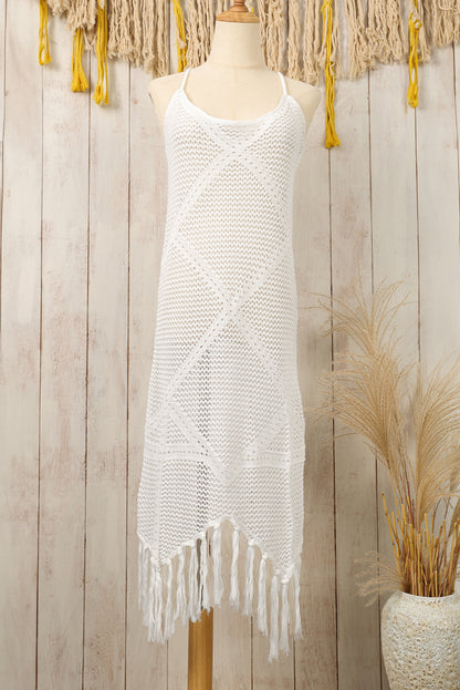 Crisscross Knot Back Hollow Out Tasseled Beach Dress | White