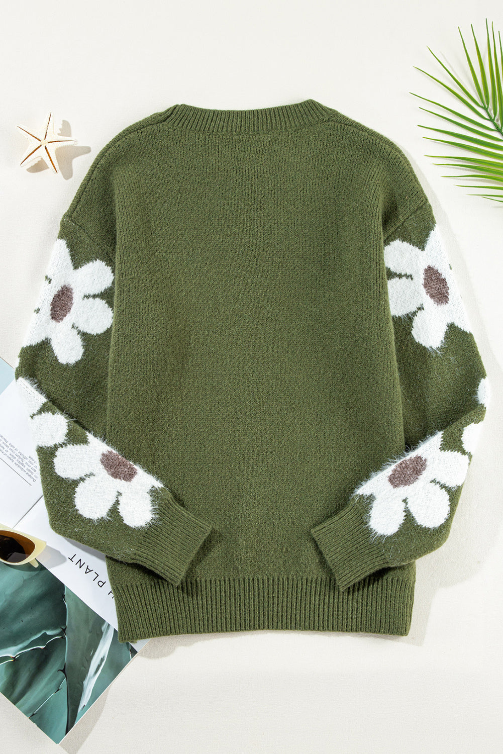 Flower Sleeve Drop Shoulder Sweater | Moss Green