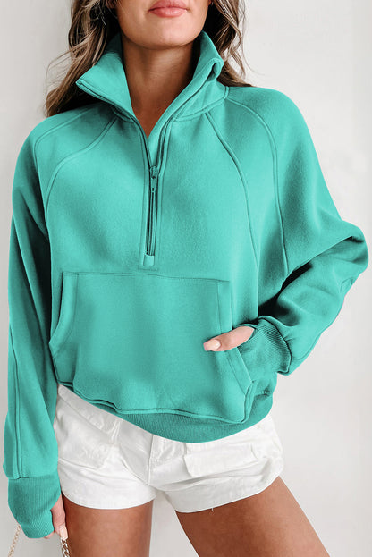 Fleece Lined Zip Up Stand Collar Thumbhole Sleeve Sweatshirt | Sea Green