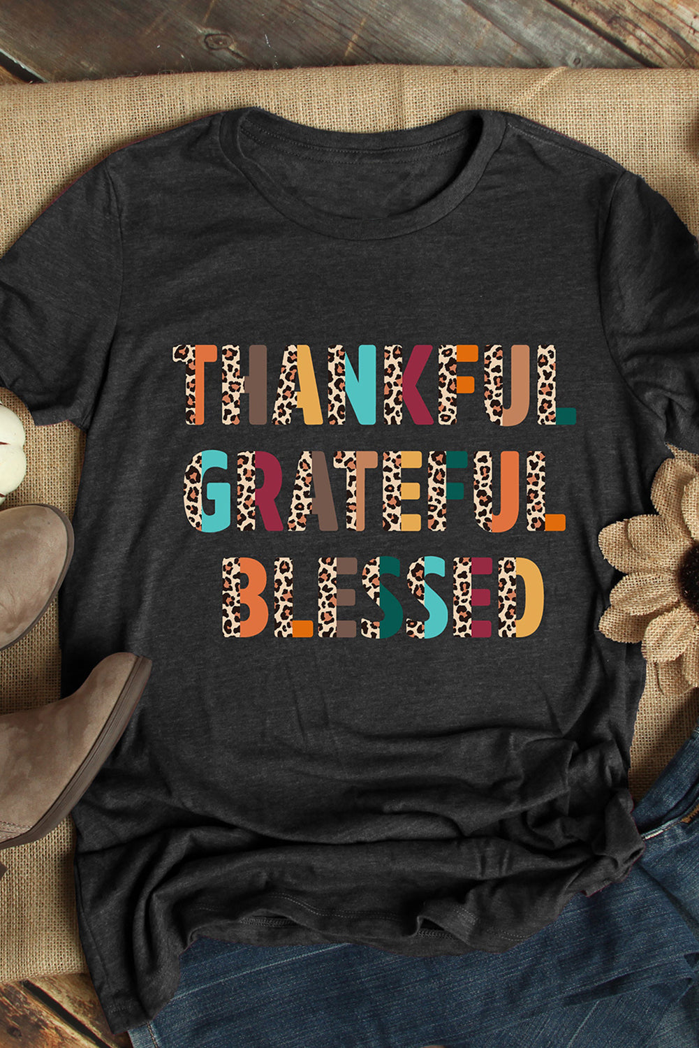 Thankful Grateful Blessed Leopard Print Crewneck T Shirt | Black