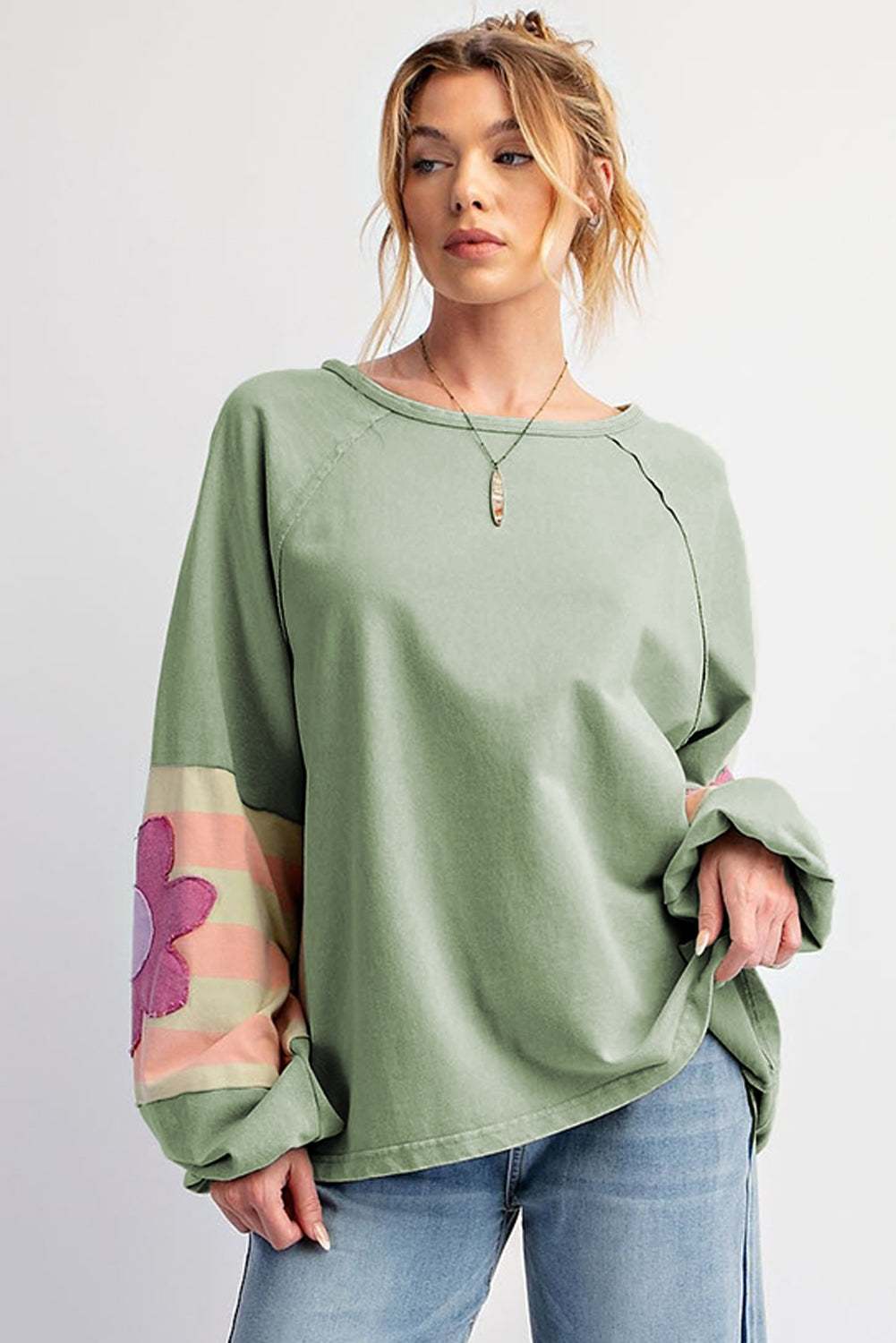 Flower Patchwork Raglan Sleeve Exposed Seam Oversized Top | Smoke Green