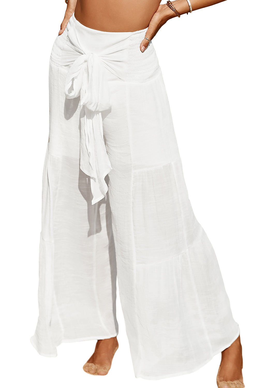 Smocked High Waist Bohemian Wide Leg Pants | White