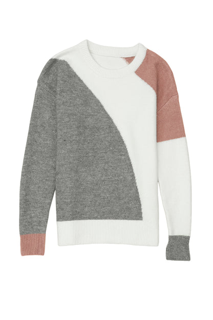 Colourblock Ribbed Trim Round Neck Sweater | Gray