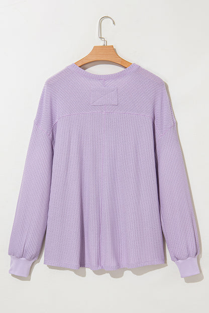 Waffle V Neck Long Sleeve Drop Shoulder Loose Blouse | Orchid Petal