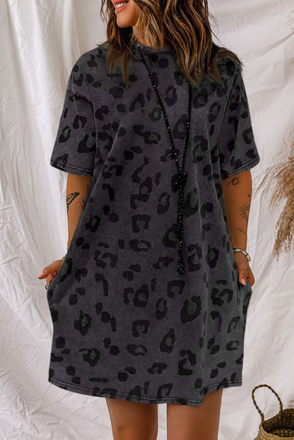 Vintage Washed Leopard T-Shirt Dress With Pockets | Gray