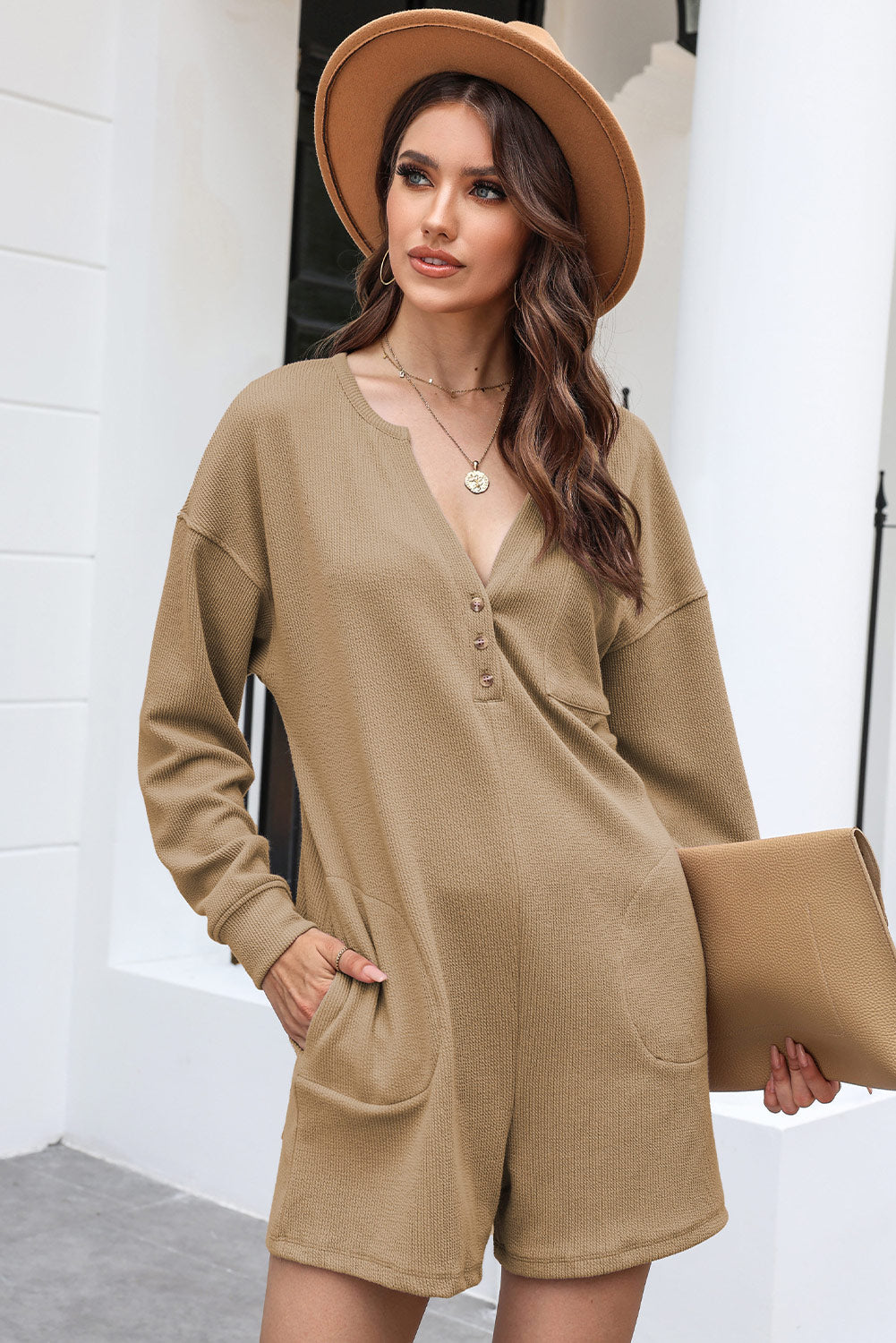 Brushed Ribbed Button Split V Neck Long Sleeve Romper | Khaki