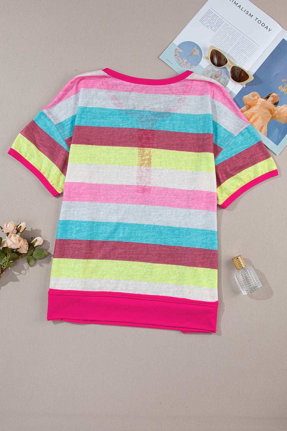 Plus Size Textured Knit Short Sleeve Henley Top | Rose Stripe