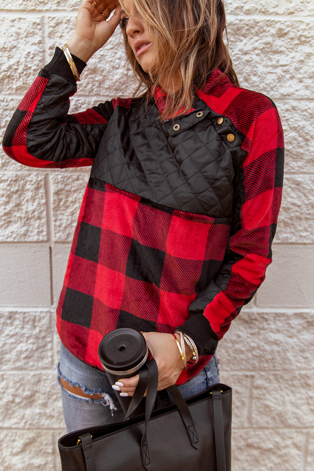 Fiery  Long Sleeve Plaid Paneled Sweatshirt | Red