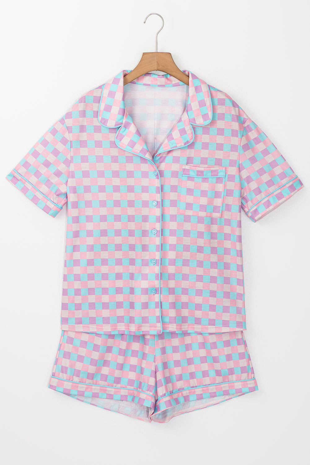 Checkered Pattern Short Sleeve Pajamas Set | Purple