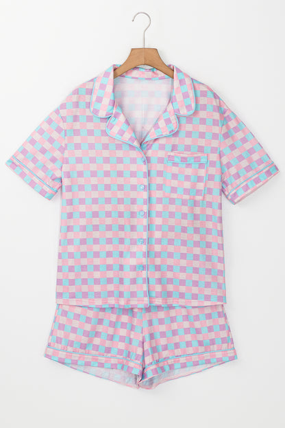 Checkered Pattern Short Sleeve Pajamas Set | Purple