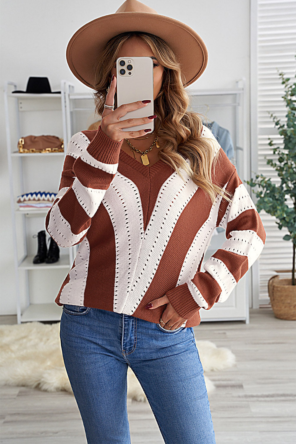 Striped Colourblock V Neck Knitted Sweater | Brown