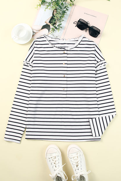 Striped Print Ruffled Buttoned Long Sleeve Top | White