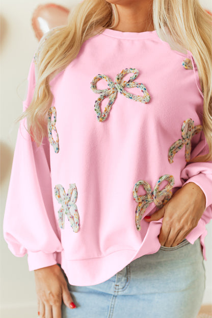 Embroidered Bow Lantern Sleeve Oversized Pullover Sweatshirt | Light Pink