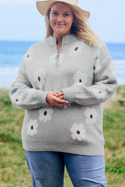 Plus Size Embroidered Floral Pattern Half Zip Sweater | Gray