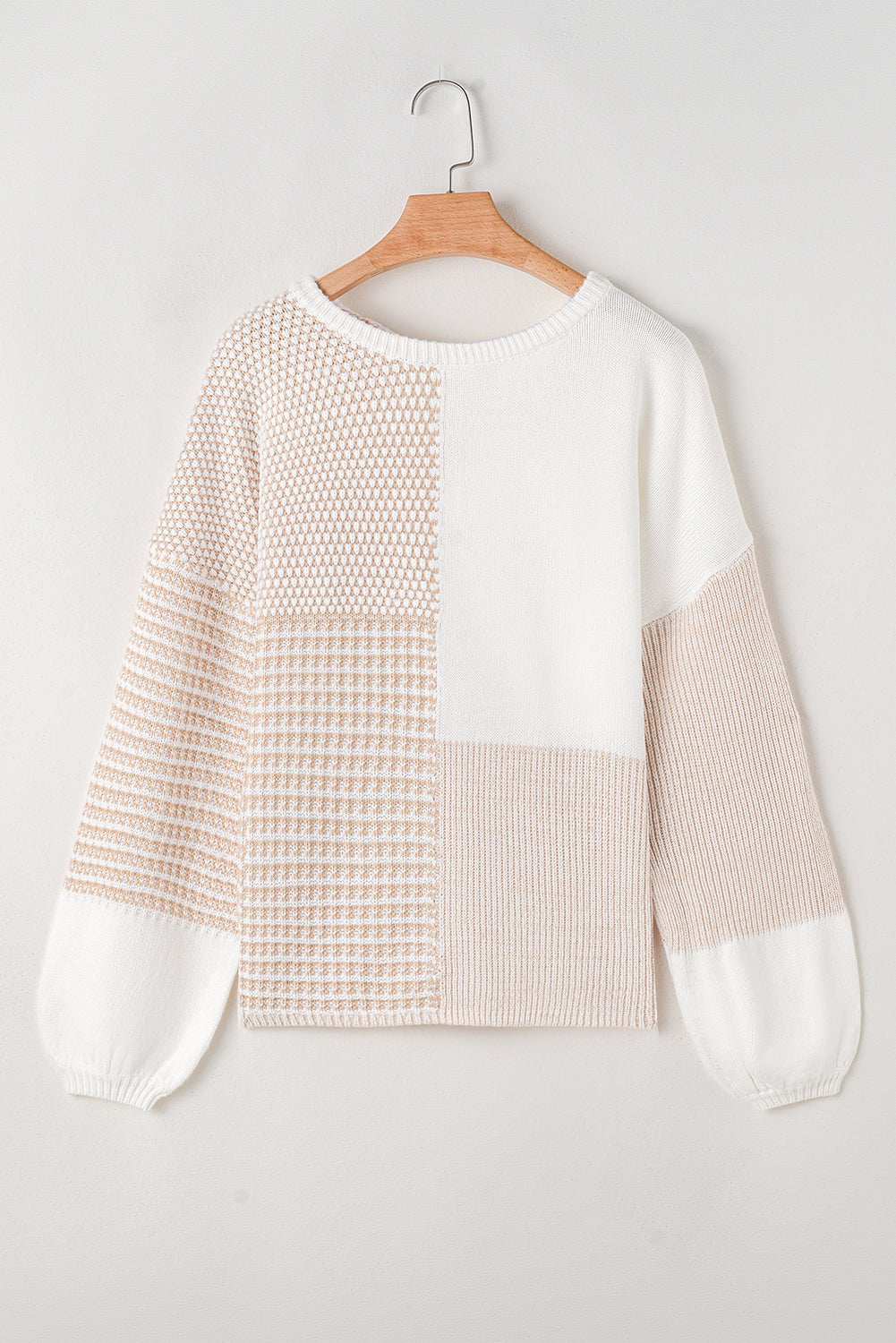 Mixed Pattern Knit Tie Keyhole Drop Shoulder Sweater | Oatmeal