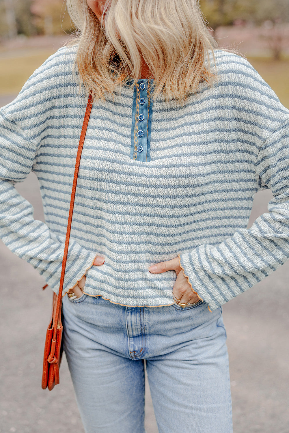 Textured Frilly Trim Buttons Henley Long Sleeve Top | Sky Blue Stripe