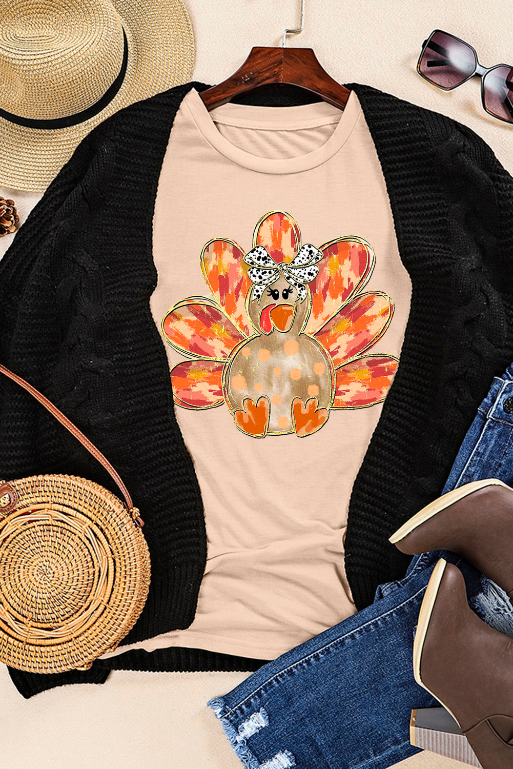 Thanksgiving Bowknot Turkey Graphic Crewneck Tee | Khaki