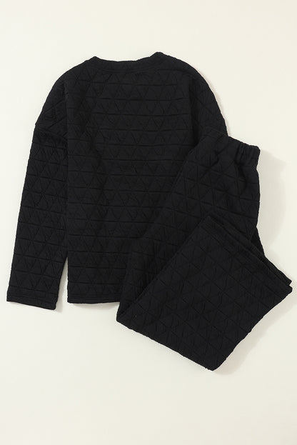 Solid Quilted Pullover And Pants Outfit | Black