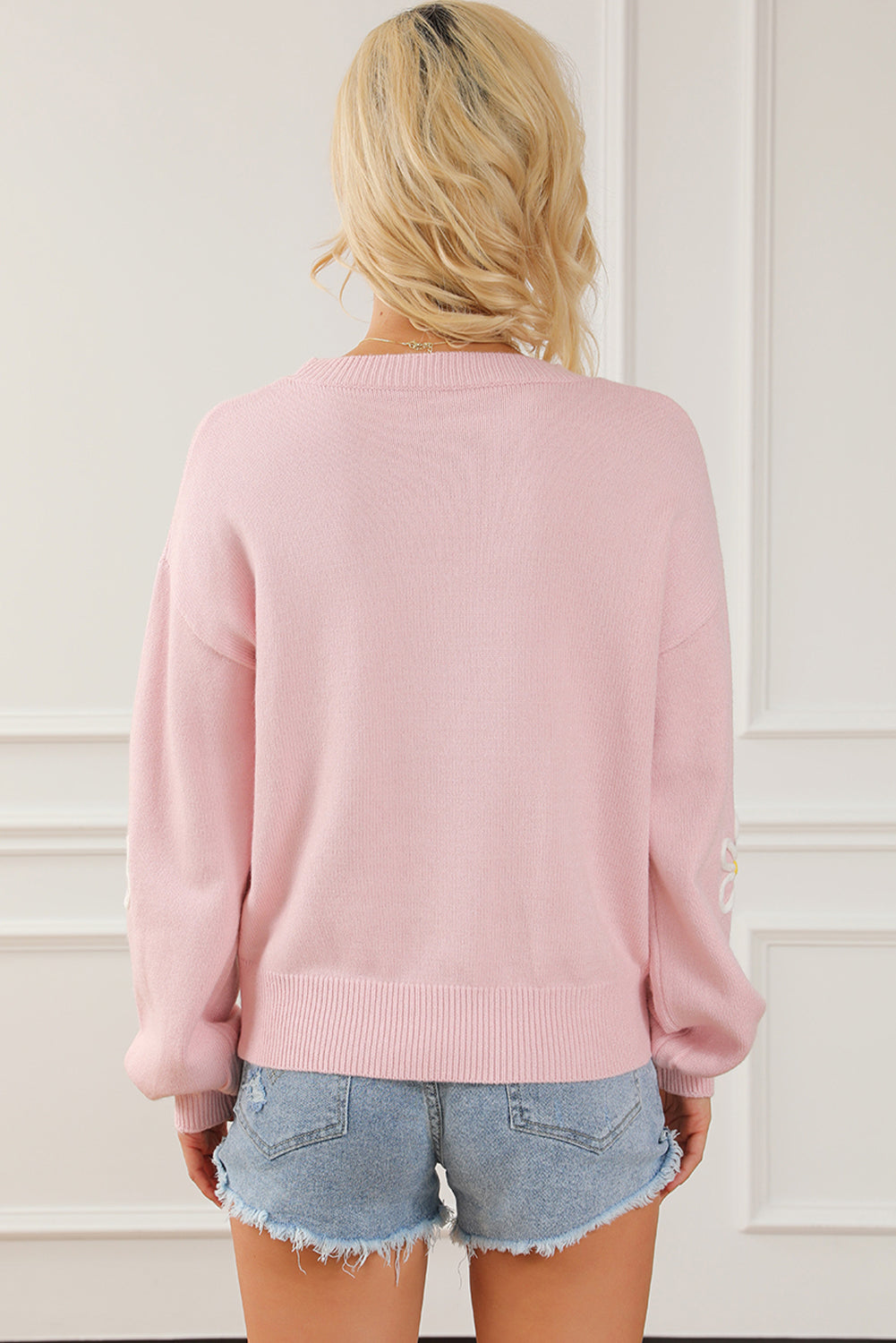 Chenille Daisy Stitching Crew Neck Sweater | Pink