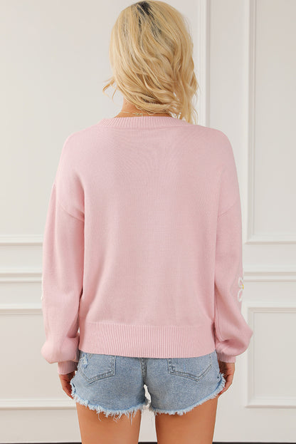 Chenille Daisy Stitching Crew Neck Sweater | Pink