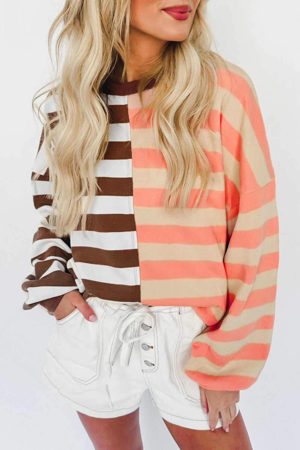 Colour Block Drop Shoulder Pullover Sweatshirt | Brown Stripe