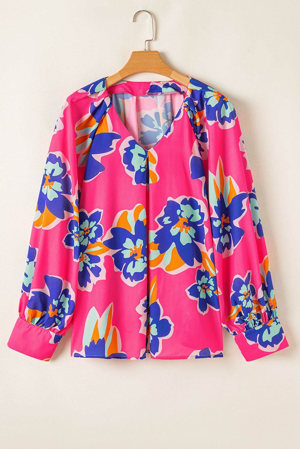 Floral Pattern V Neck Balloon Sleeve Plus Size Blouse | Rose