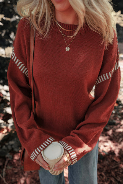 Colour Contrast Trim Drop Shoulder Crew Neck Sweater | Red Dahlia