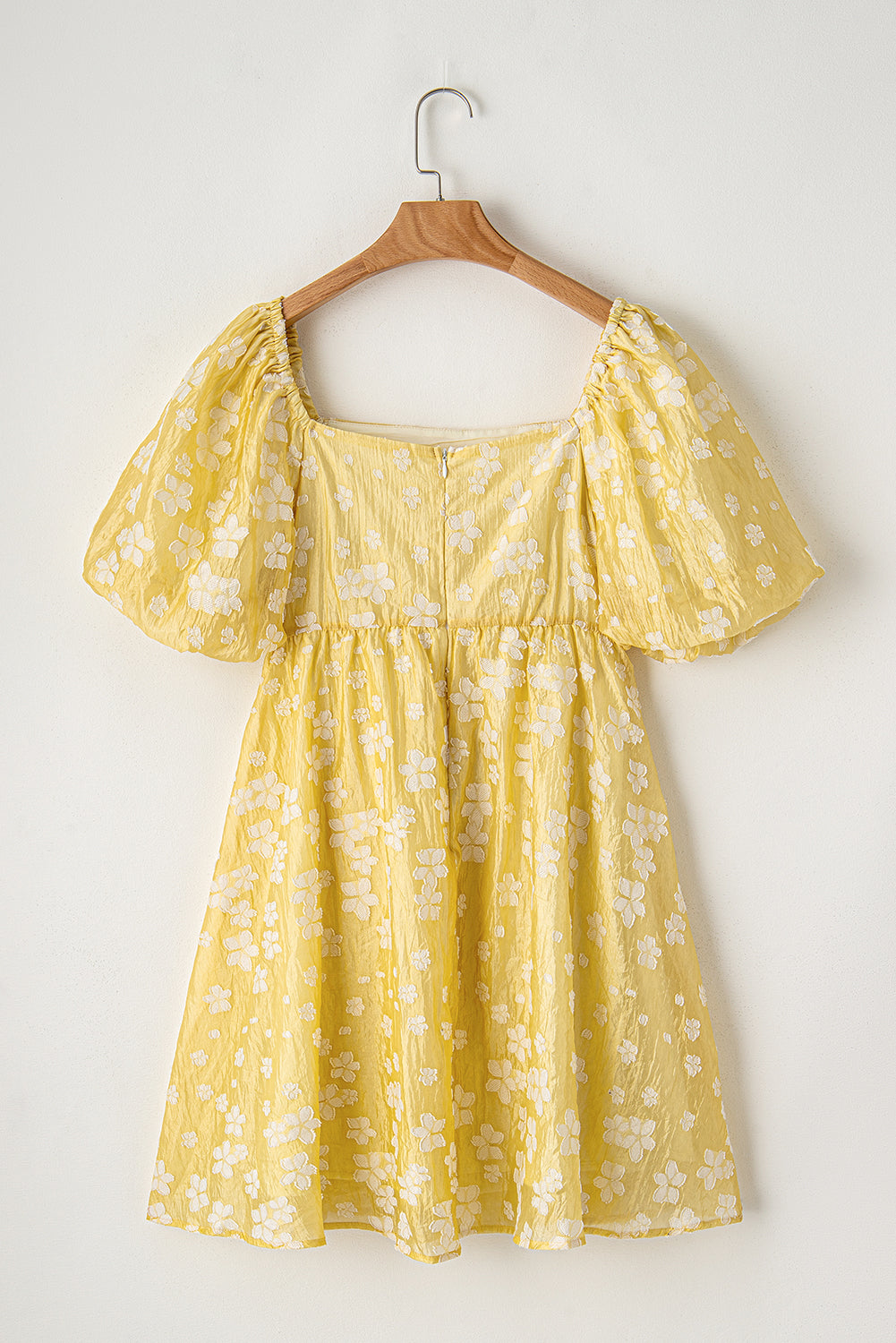 Boho Flower Jacquard Puff Sleeve Square Neck Mini Dress | Yellow