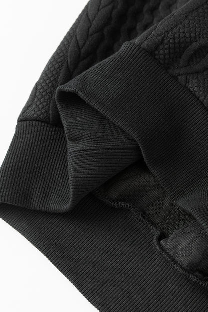 Cable Textured Casual Drawstring Hoodie | Black