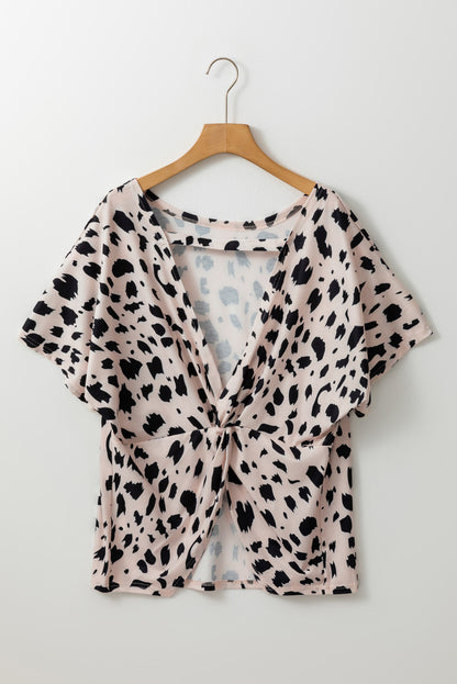 Leopard Print Twist Open Back Plus Size Top | Khaki