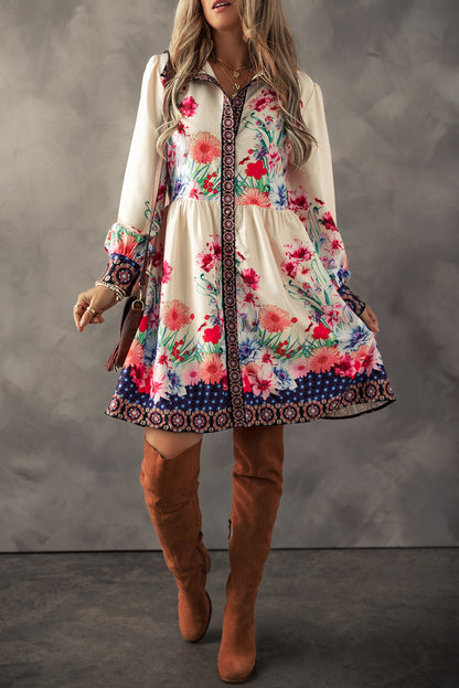 Floral Print Buttoned High Waist Shirt Mini Dress | Apricot