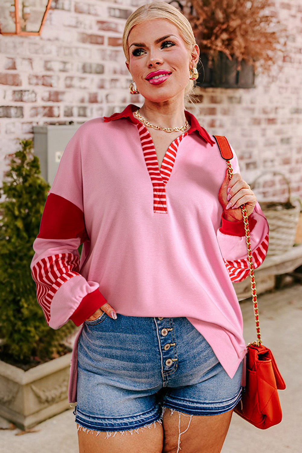 Striped Patchwork Side Split Collared Plus Size Sweatshirt | Rose