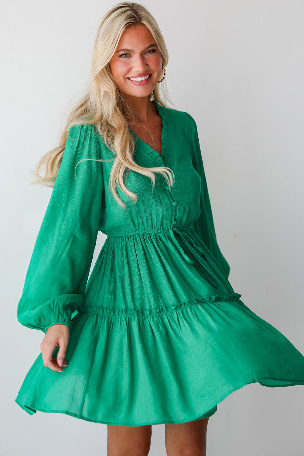 Frilly V Neck Puff Sleeve Drawstring Shift Mini Dress | Sea Green