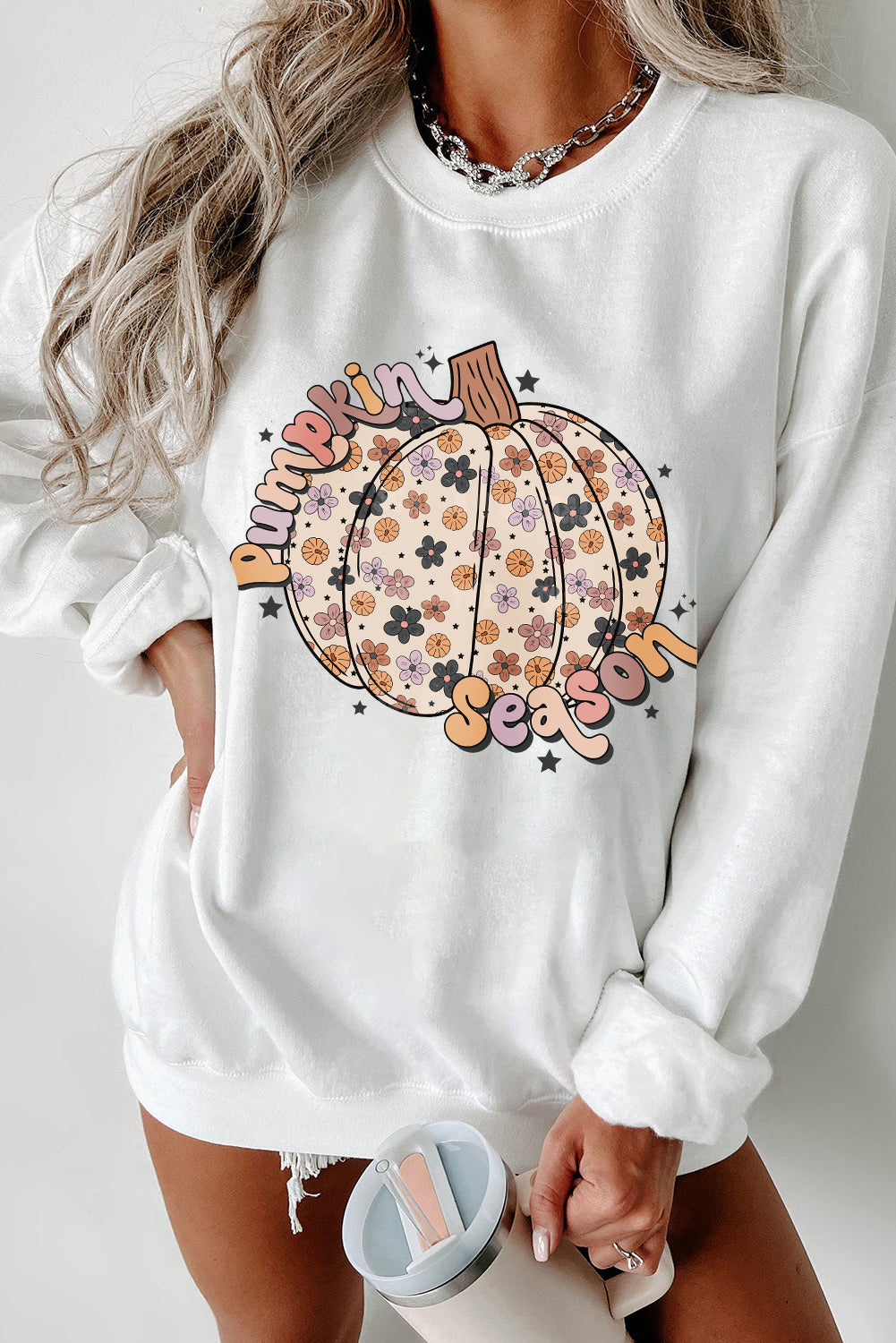 Floral Pumpkin Season Graphic Loose Sweatshirt | White