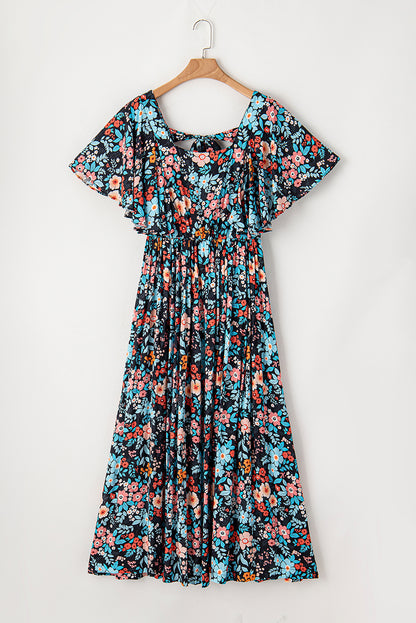 Floral Knotted Back Square Neck Maxi Dress | Sky Blue