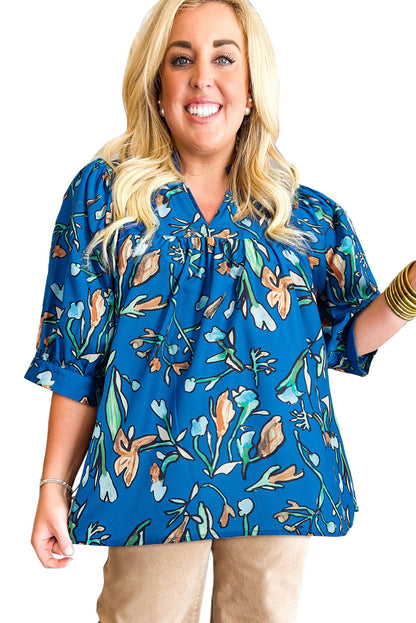 Floral Notched V Neck Half Sleeve Plus Size Blouse | Blue