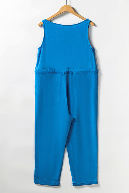 Button Drawstring High Waist Sleeveless Cropped Jumpsuit | Sky Blue