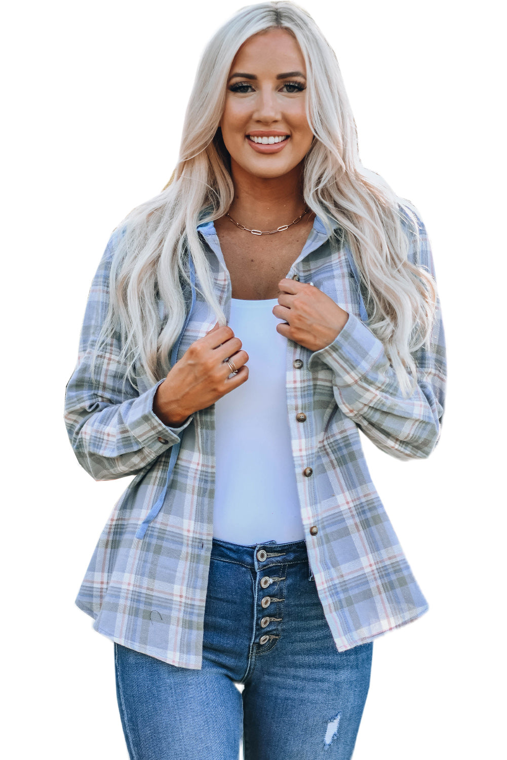 Plaid Print Pocket Drawstring Hooded Jacket | Sky Blue