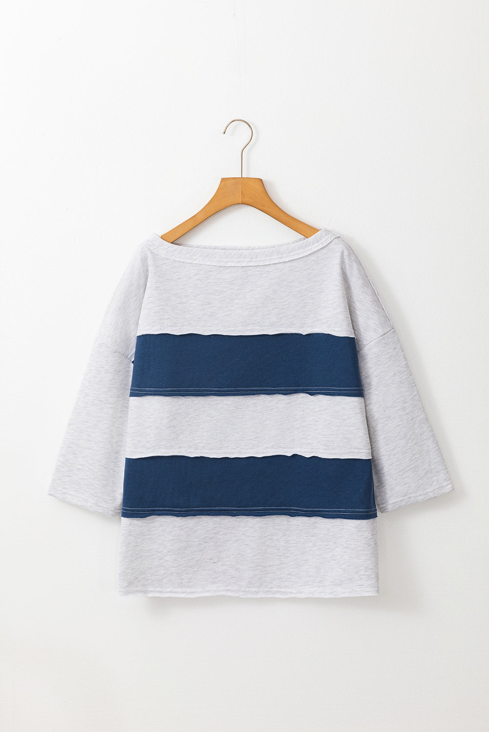 Colourblock Striped Patchwork 3/4 Sleeve Raw Seamed Sweatshirt | Sail Blue