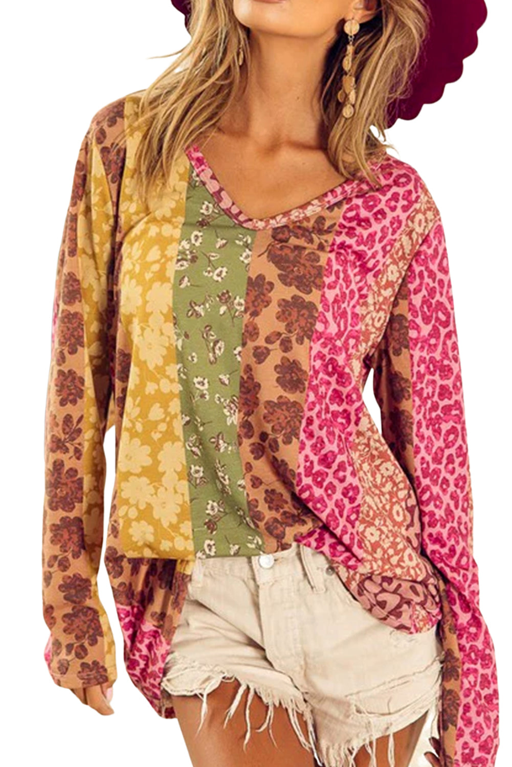 Floral Leopard Mixed Print V Neck Long Sleeve Tee | Multicolour