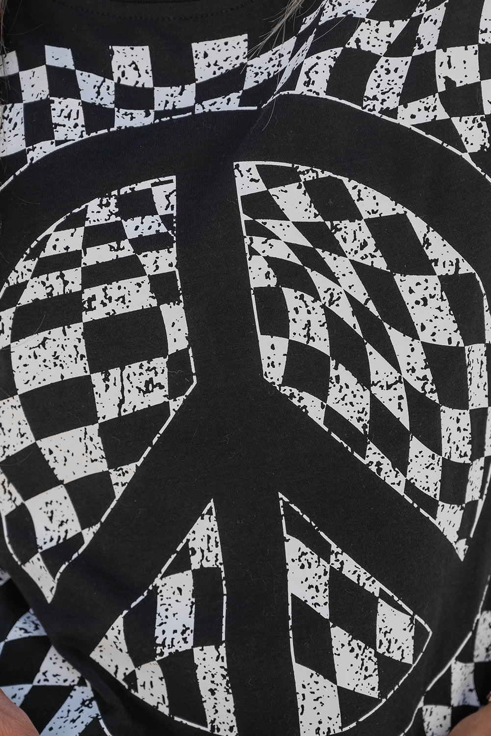 Checkerboard Peace Sign Printed Round Neck T Shirt | Black