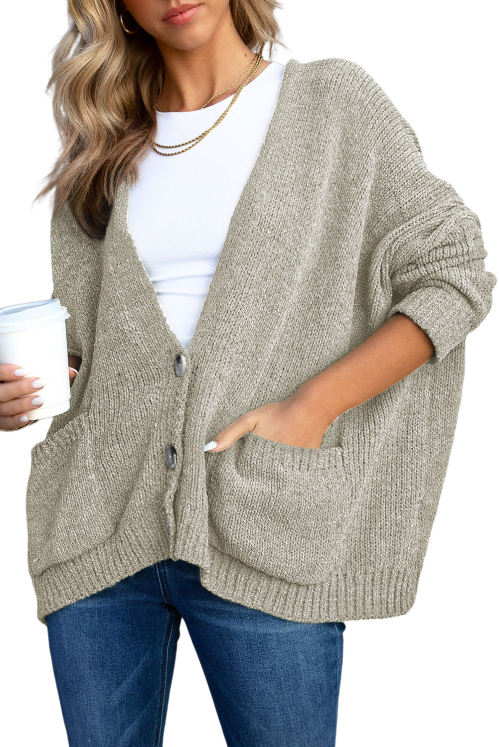 Buttons Front Pocketed Sweater Cardigan | Gray