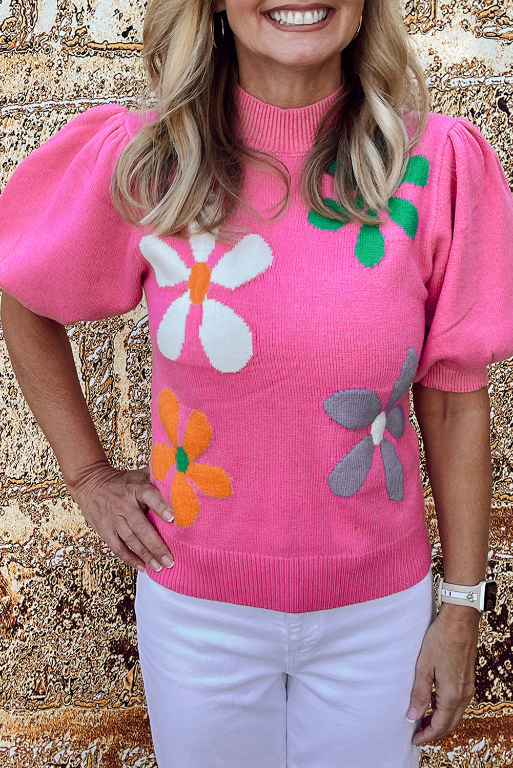 Floral Bubble Short Sleeve Sweater | Bright Pink