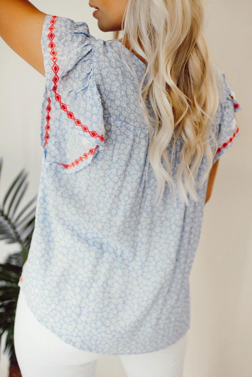 Boho Embroidered Floral Print Flutter Sleeve Blouse | Sky Blue