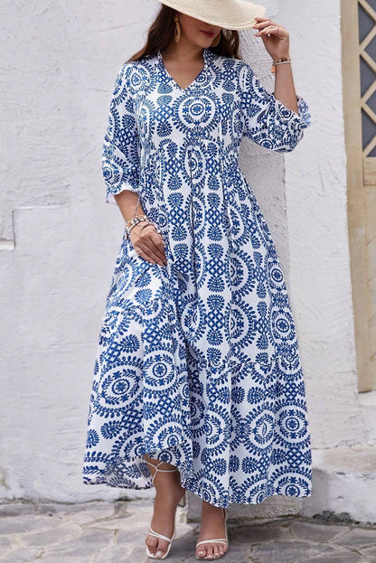 Geometric Print Lace-Up Notch Neck Plus Size Maxi Dress | Sky Blue