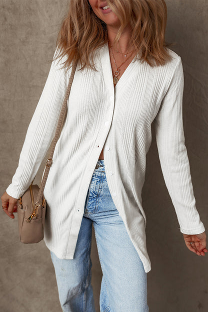 Solid Colour Ribbed Button Up Tunic Cardigan | White