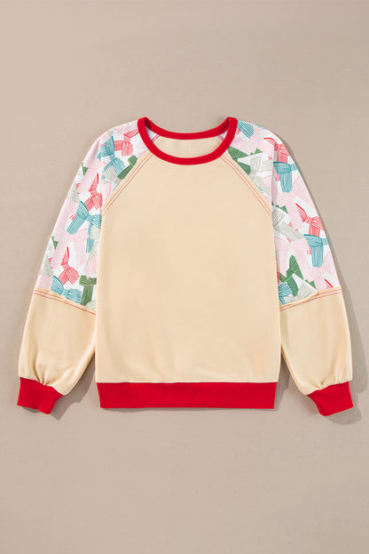 Bowknot Printed Patchwork Raglan Sleeve Colourblock Edge Top | Beige